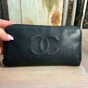CHANEL CC Black Caviar Lambskin Leather Zip Around Wallet